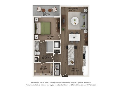Floor plan for 1 bed, 1 bath, 800 sqft